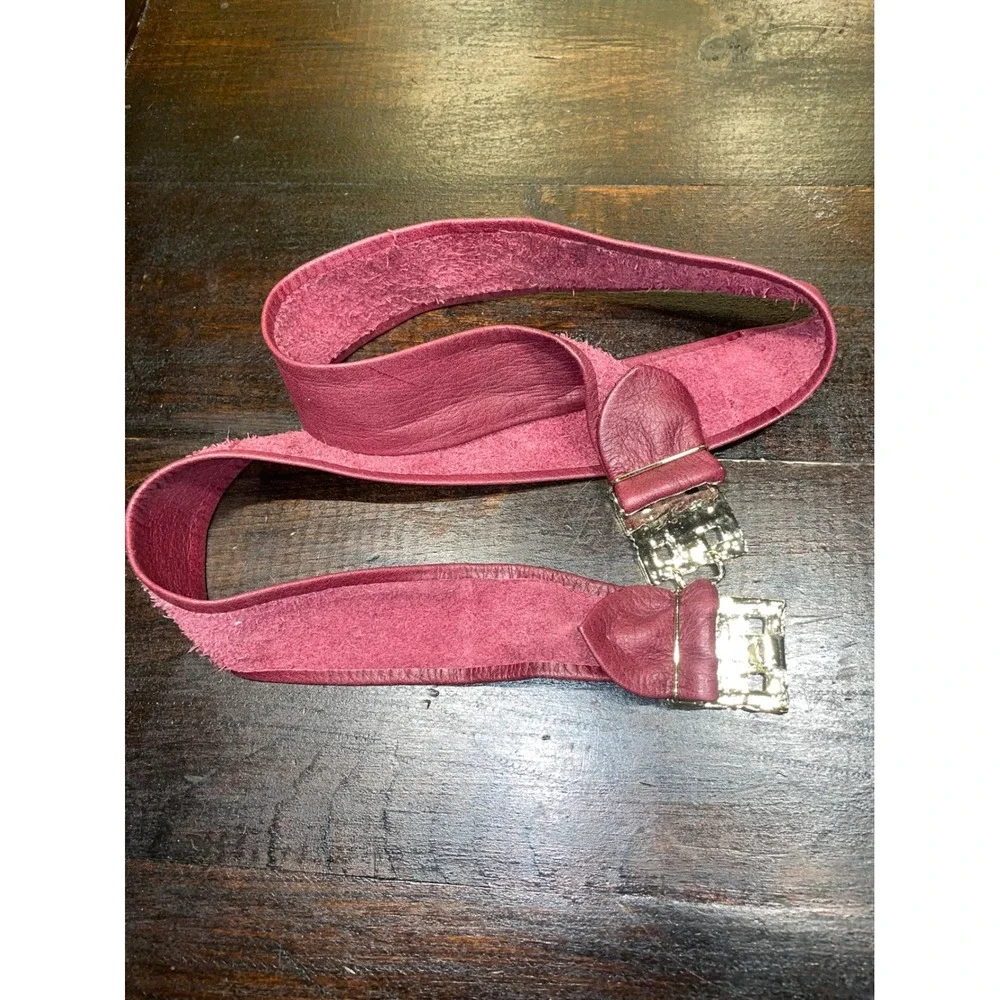 Vintage Ceinture Burgundy Leather Belt Gold Tone Woven‎ Buckle Fashion 80'